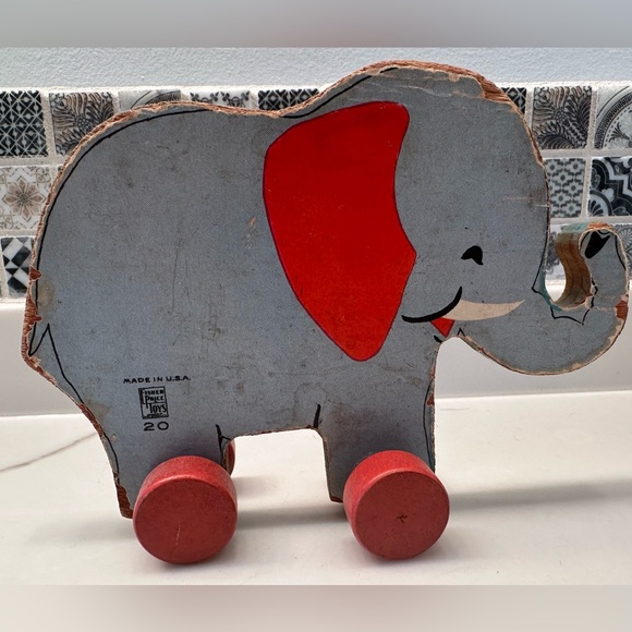 Vintage Fisher Price 1942 wooden cut out elephant #20 pull push toy wheels RARE - Picture 3 of 7